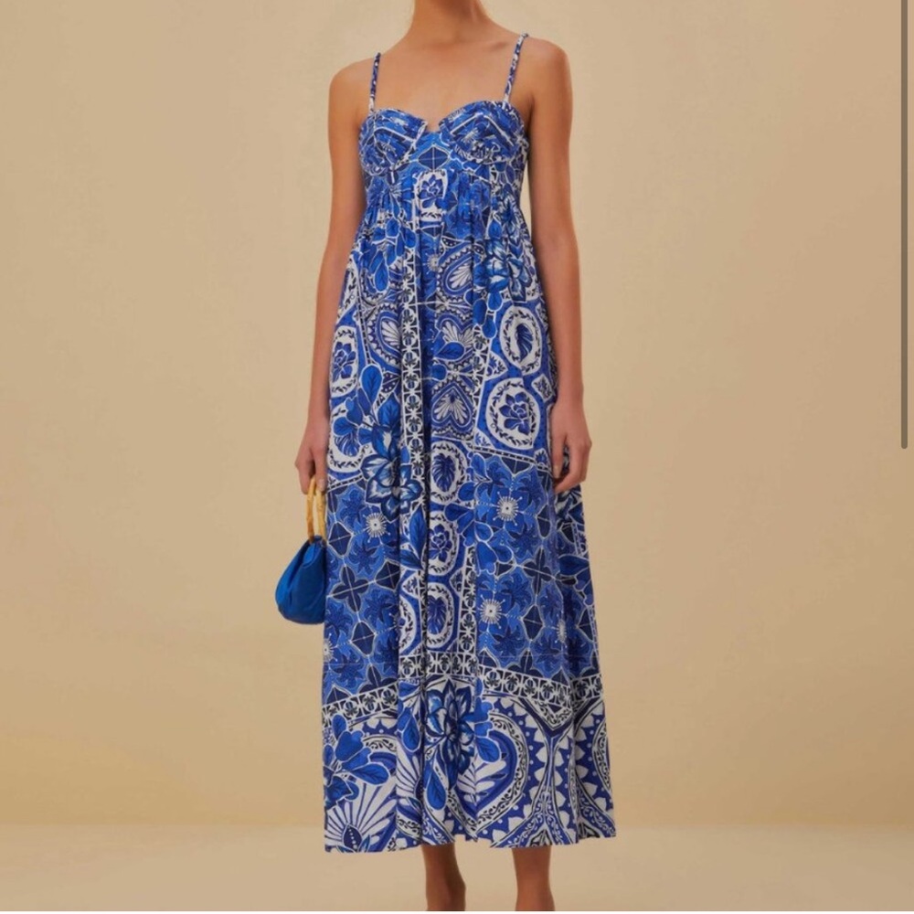 FARM RIO 🍃 Blue Tile Dream Sleeveless Maxi Dress